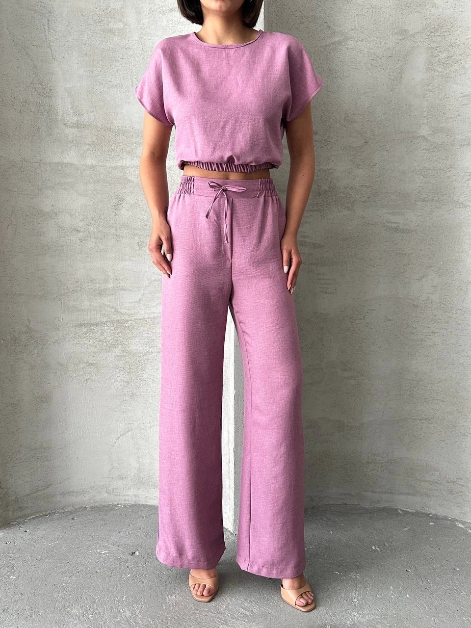Modern Cut High Waist Rose Color Blouse Trouser Set