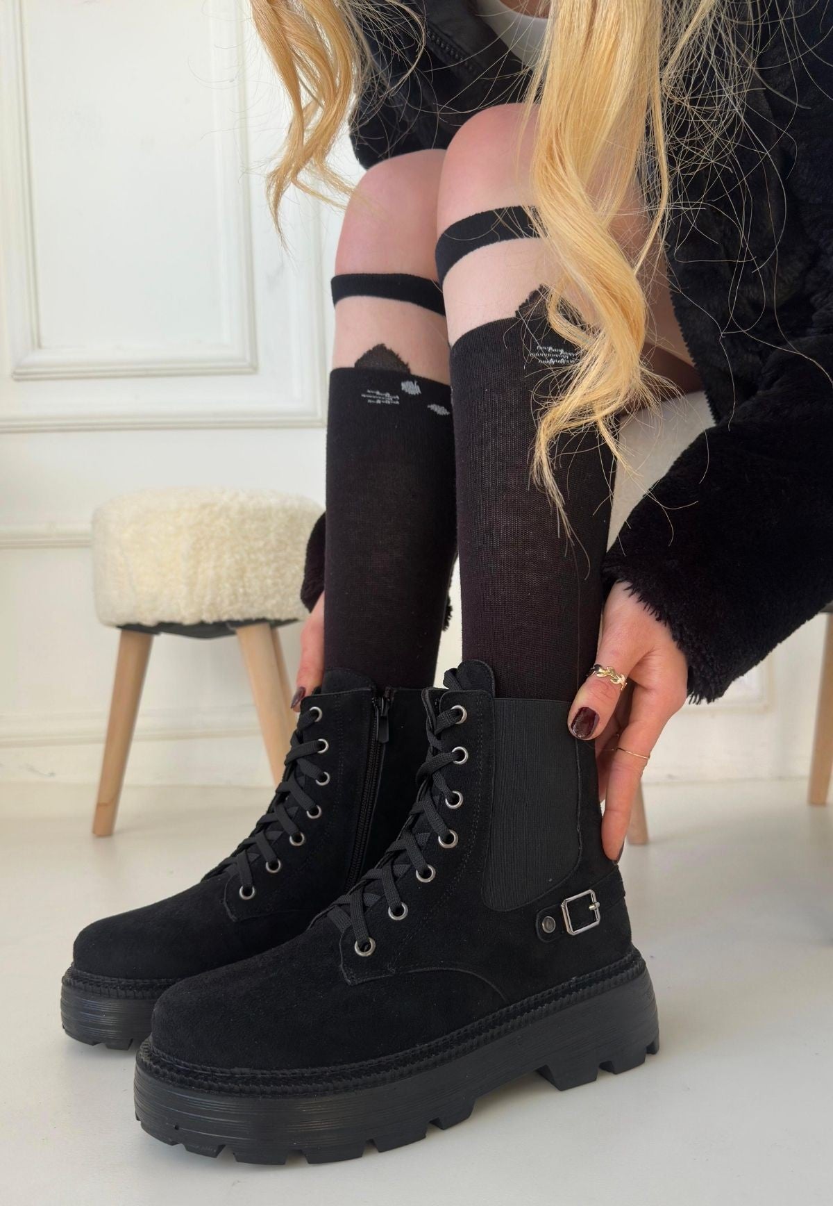 Bobby Black Suede Lace-Up Women's Boots