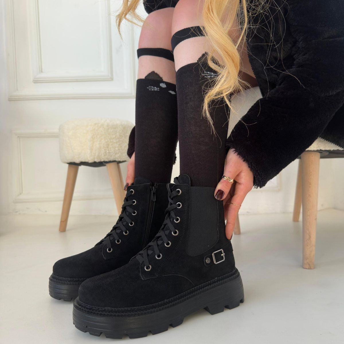 Bobby Black Suede Lace-Up Women's Boots