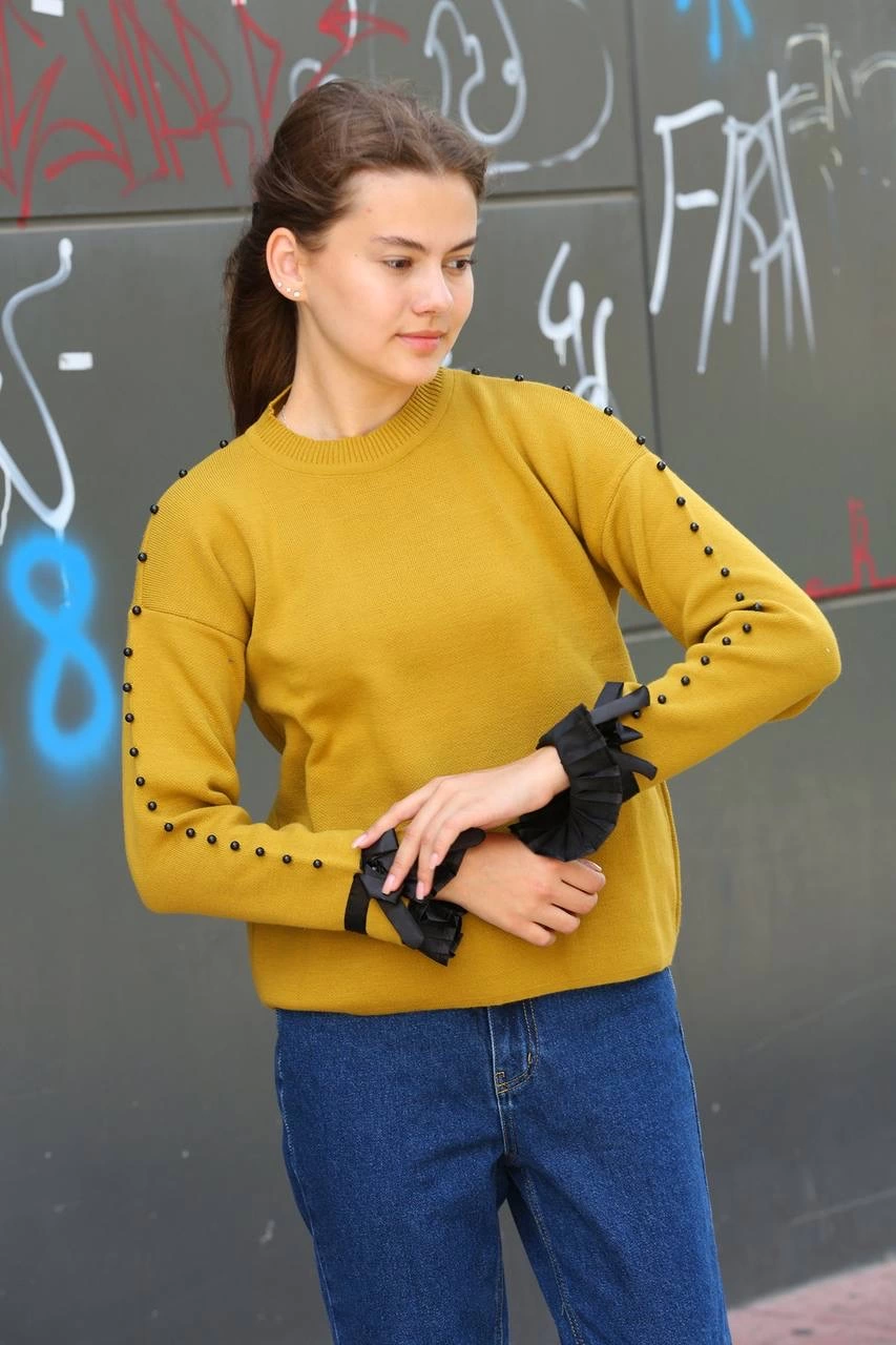Beaded Ankle Detail Sweater Mustard