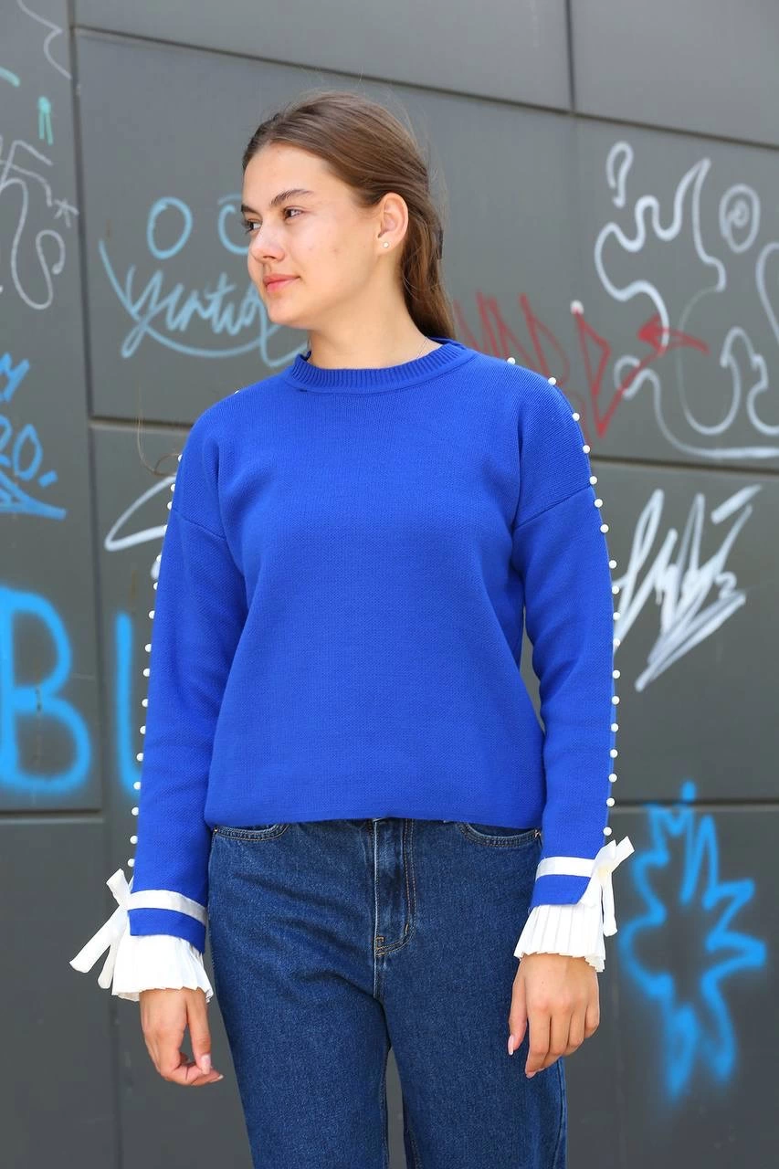 Beaded Ankle Detailed Sweater in Saxe Blue