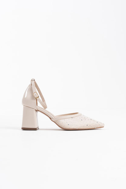 Borie Premium Beige Textile Fabric Stoned Women's High Heel Shoes