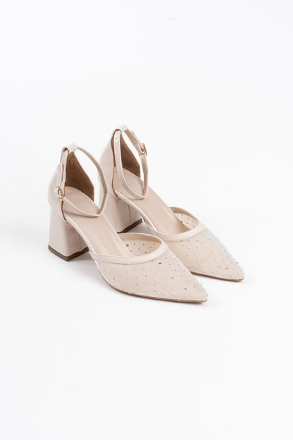 Borie Premium Beige Textile Fabric Stoned Women's High Heel Shoes