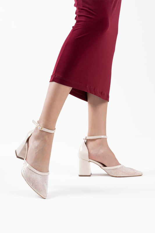 Borie Premium Beige Textile Fabric Stoned Women's High Heel Shoes