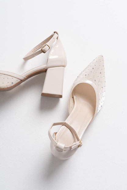 Borie Premium Beige Textile Fabric Stoned Women's High Heel Shoes