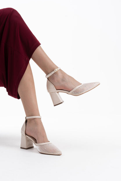 Borie Premium Beige Textile Fabric Stoned Women's High Heel Shoes