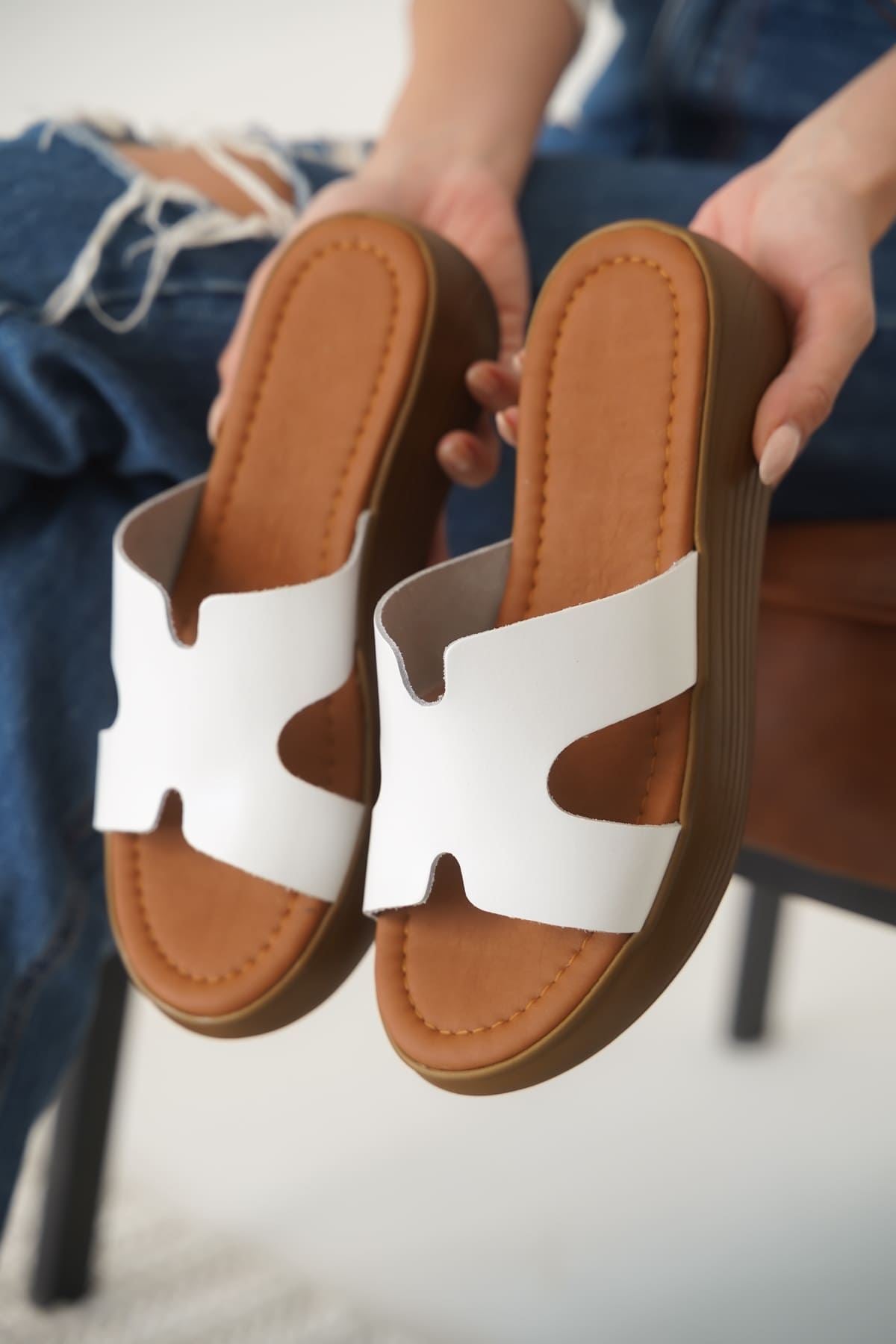 Borlina Premium White Genuine Leather Slippers