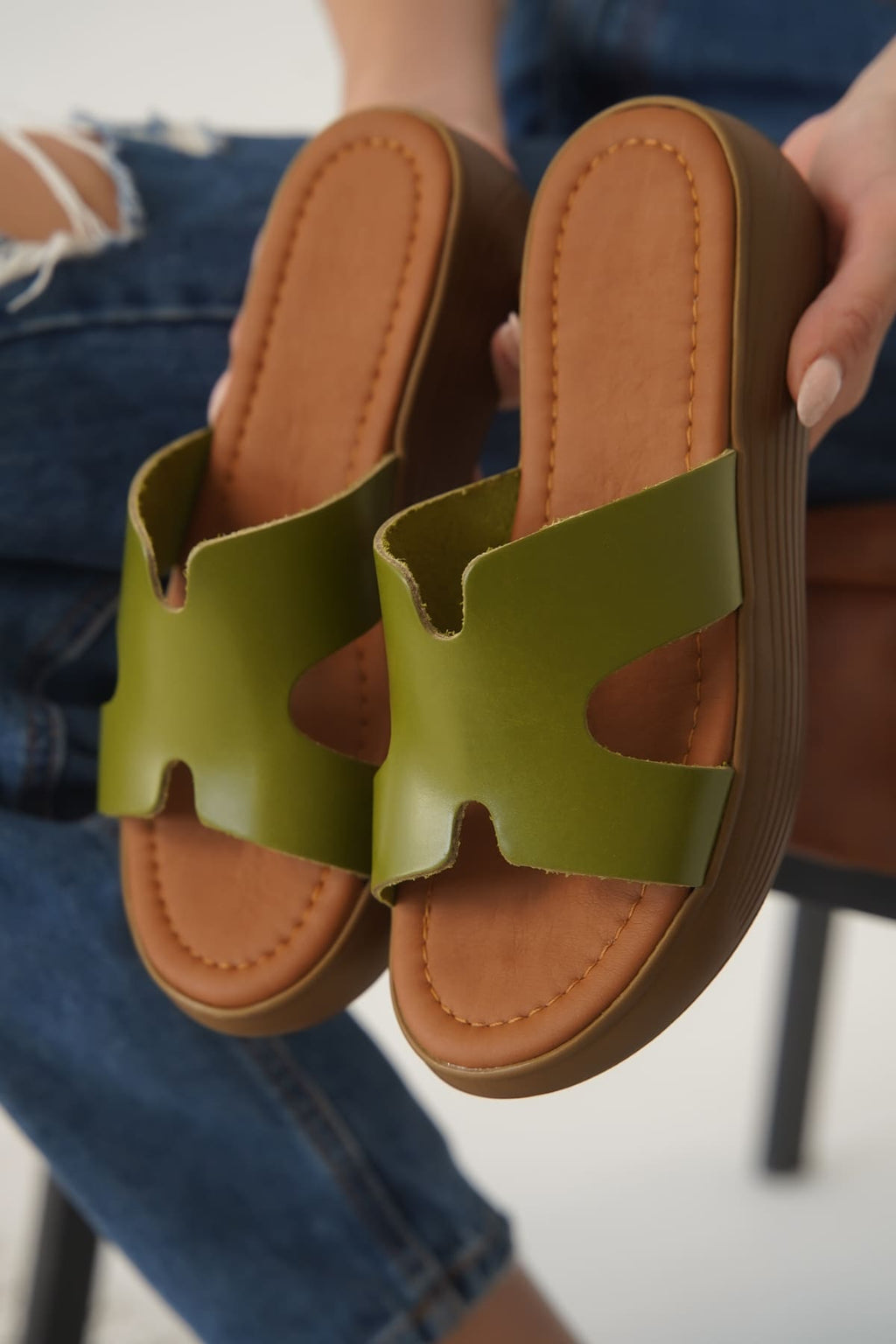 Borlina Premium Khaki Green Genuine Leather Slippers