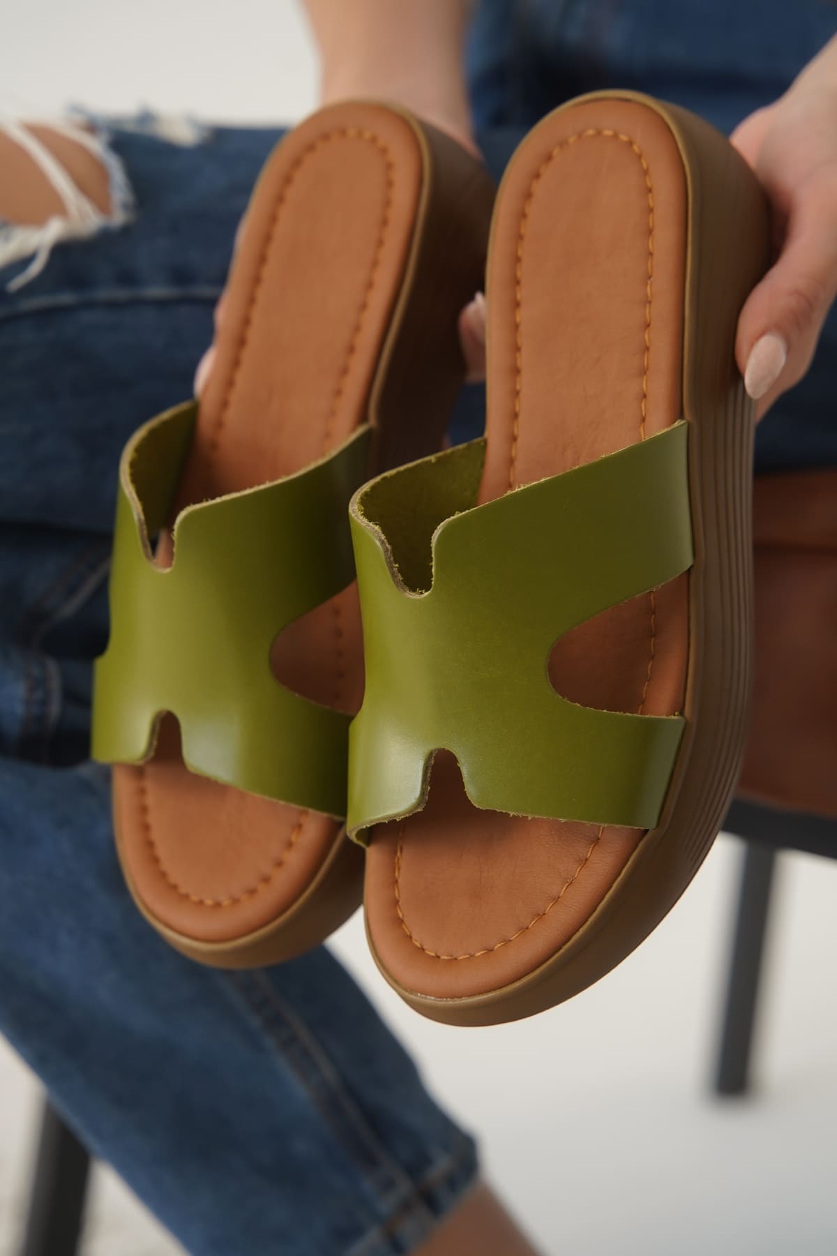 Borlina Premium Khaki Green Genuine Leather Slippers