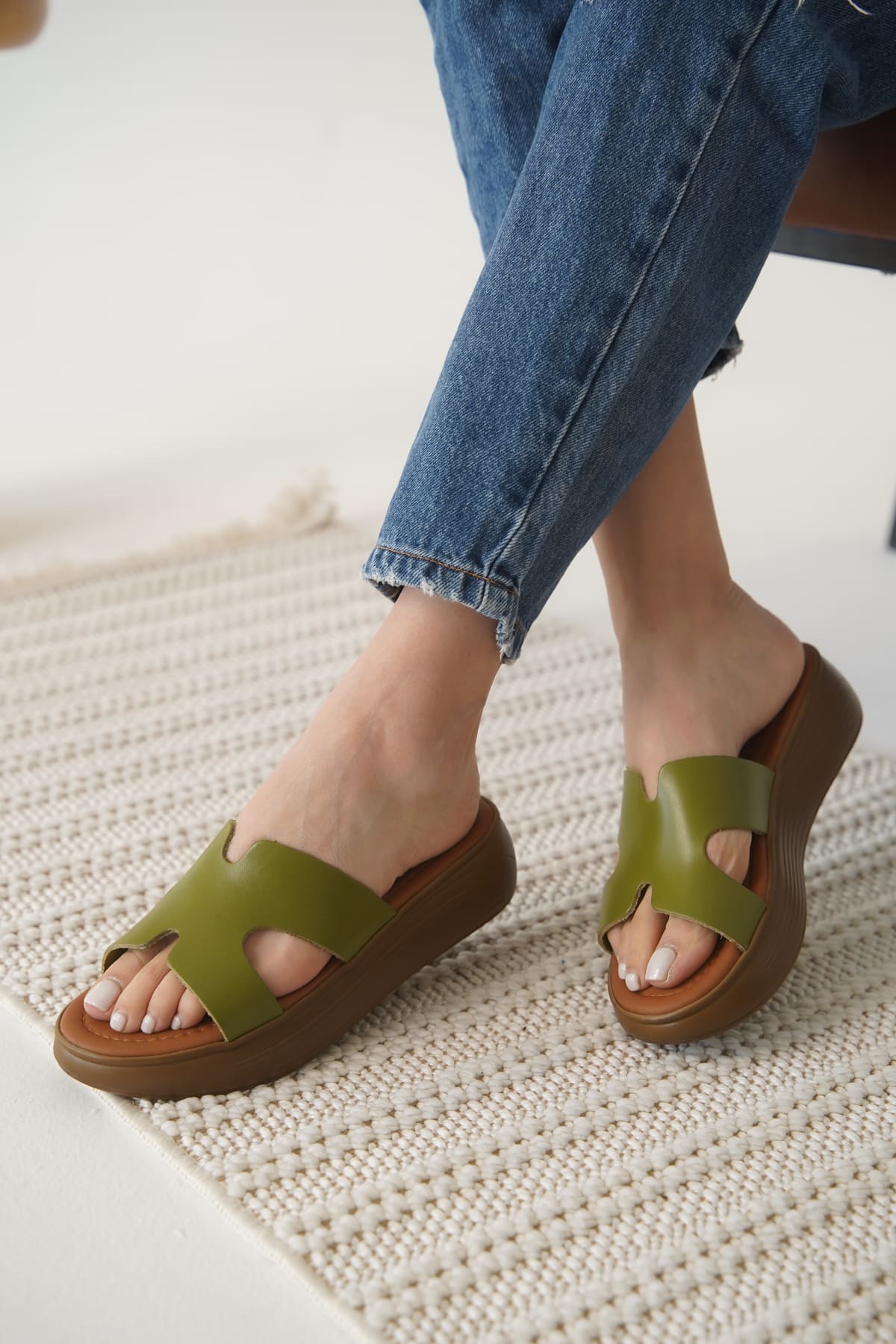 Borlina Premium Khaki Green Genuine Leather Slippers