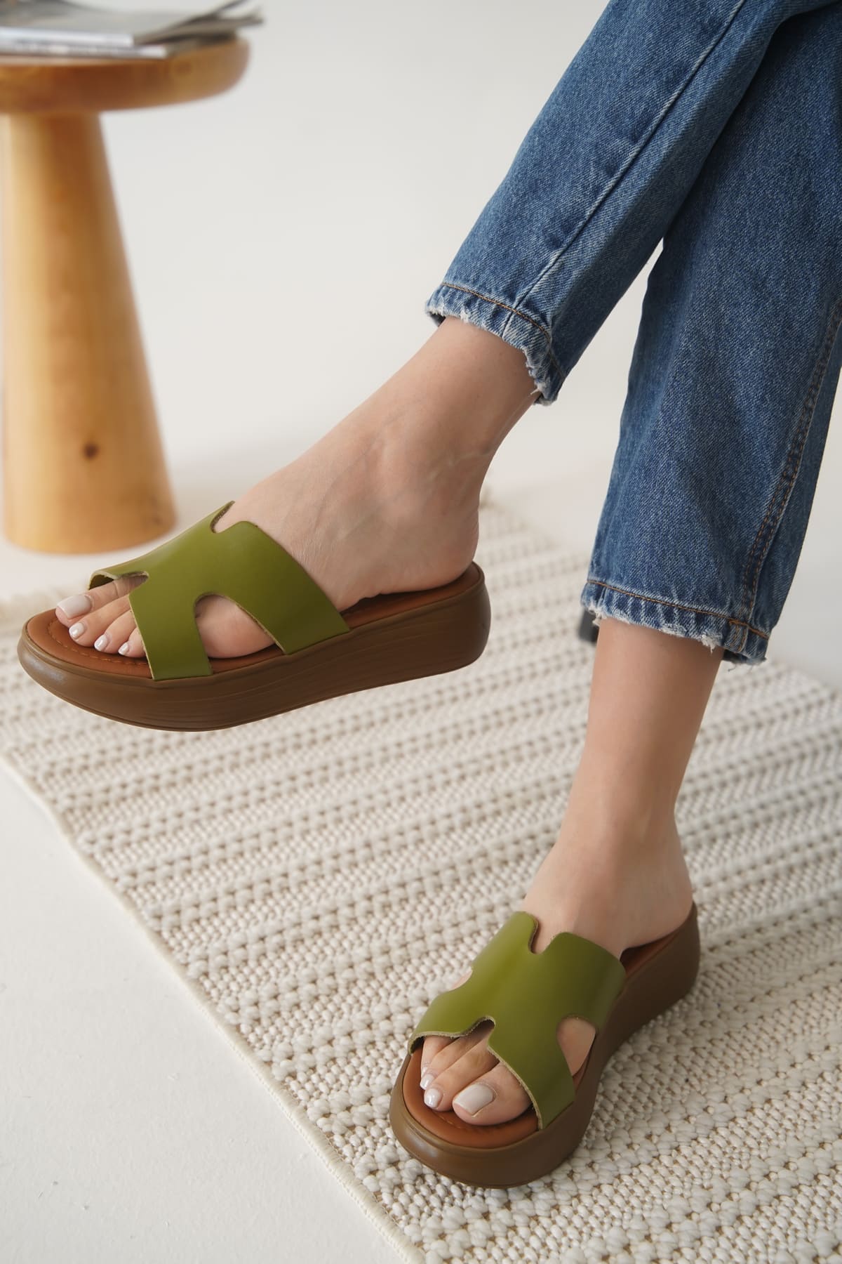 Borlina Premium Khaki Green Genuine Leather Slippers