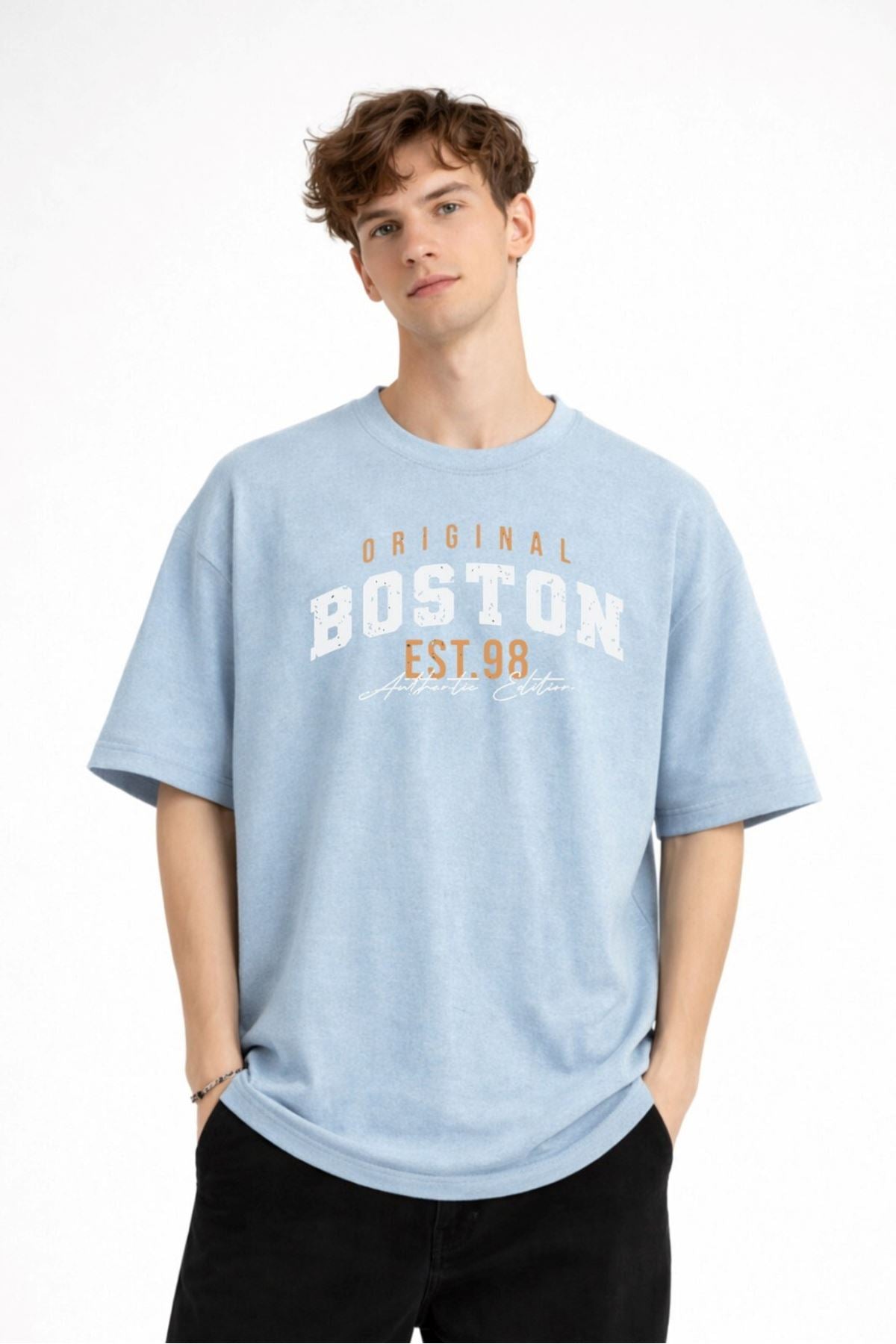 Boston Baskılı - Premium Kumaş Unisex Oversize Tişört Mavi
