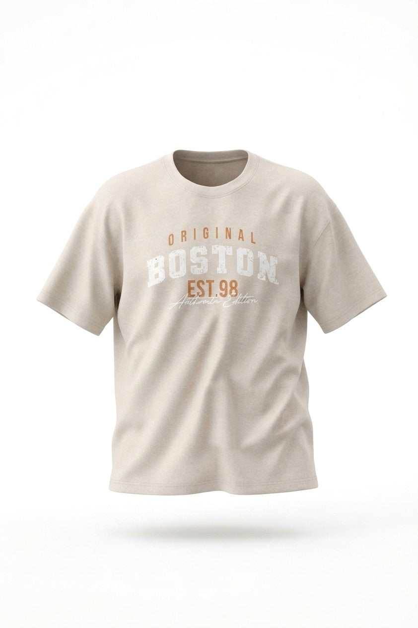 Boston Baskılı - Premium Kumaş Unisex Oversize Tişört Bej