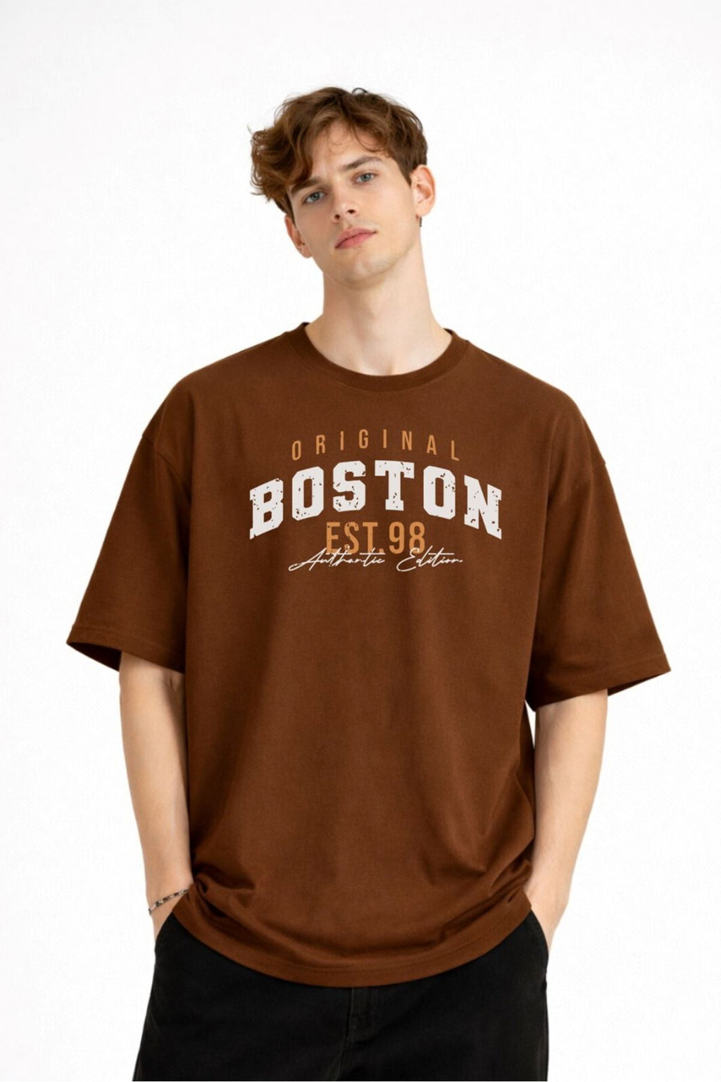 Boston Baskılı - Premium Kumaş Unisex Oversize Tişört Kahverengi