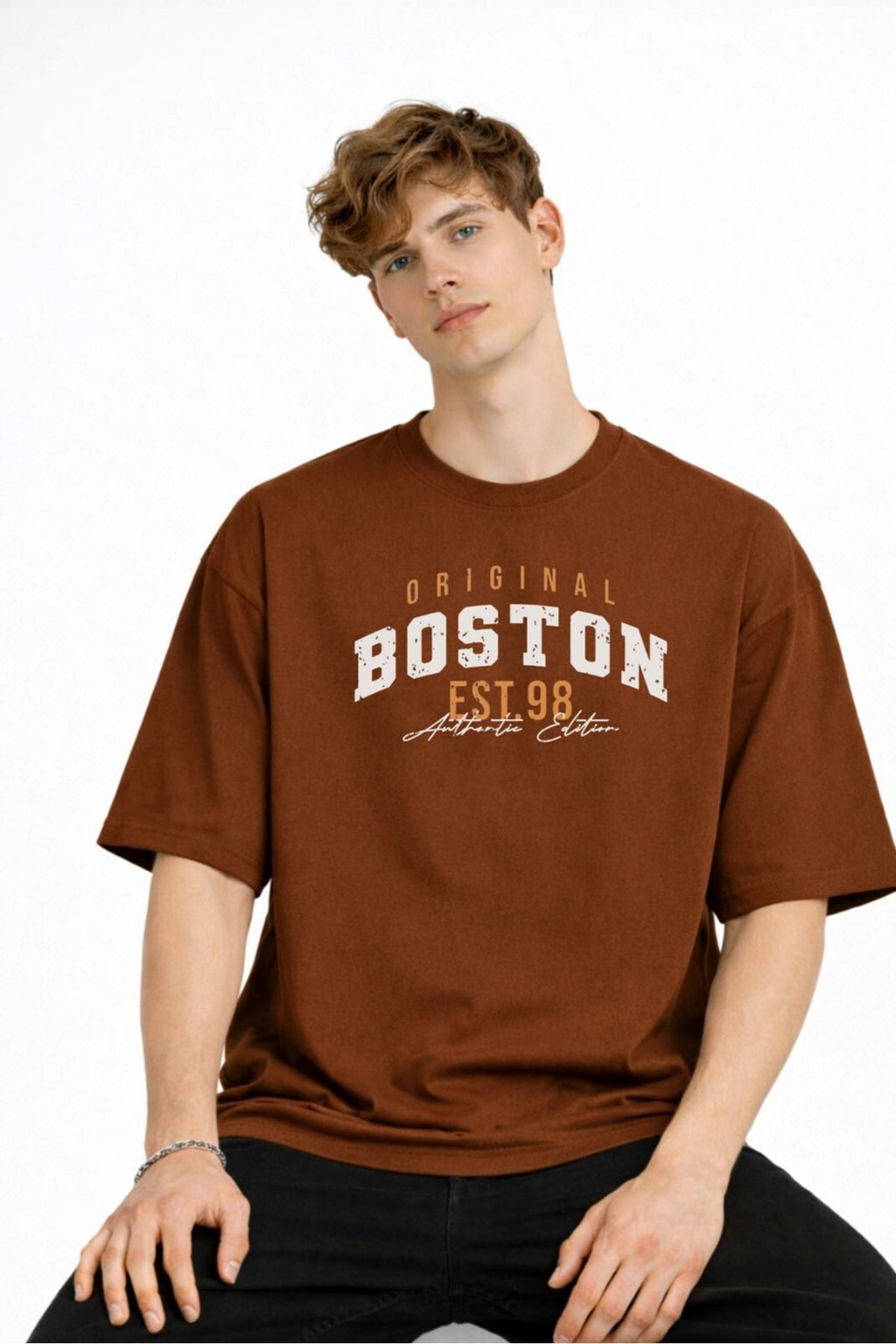 Boston Baskılı - Premium Kumaş Unisex Oversize Tişört Kahverengi