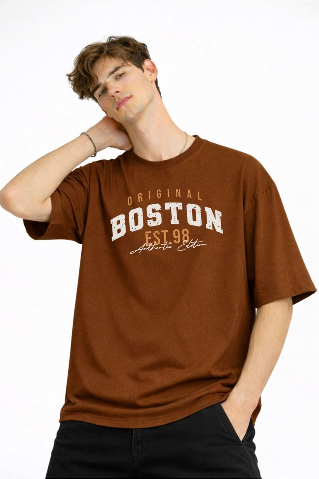 Boston Baskılı - Premium Kumaş Unisex Oversize Tişört Kahverengi