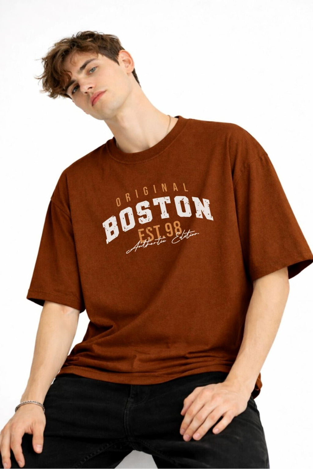 Boston Baskılı - Premium Kumaş Unisex Oversize Tişört Kahverengi