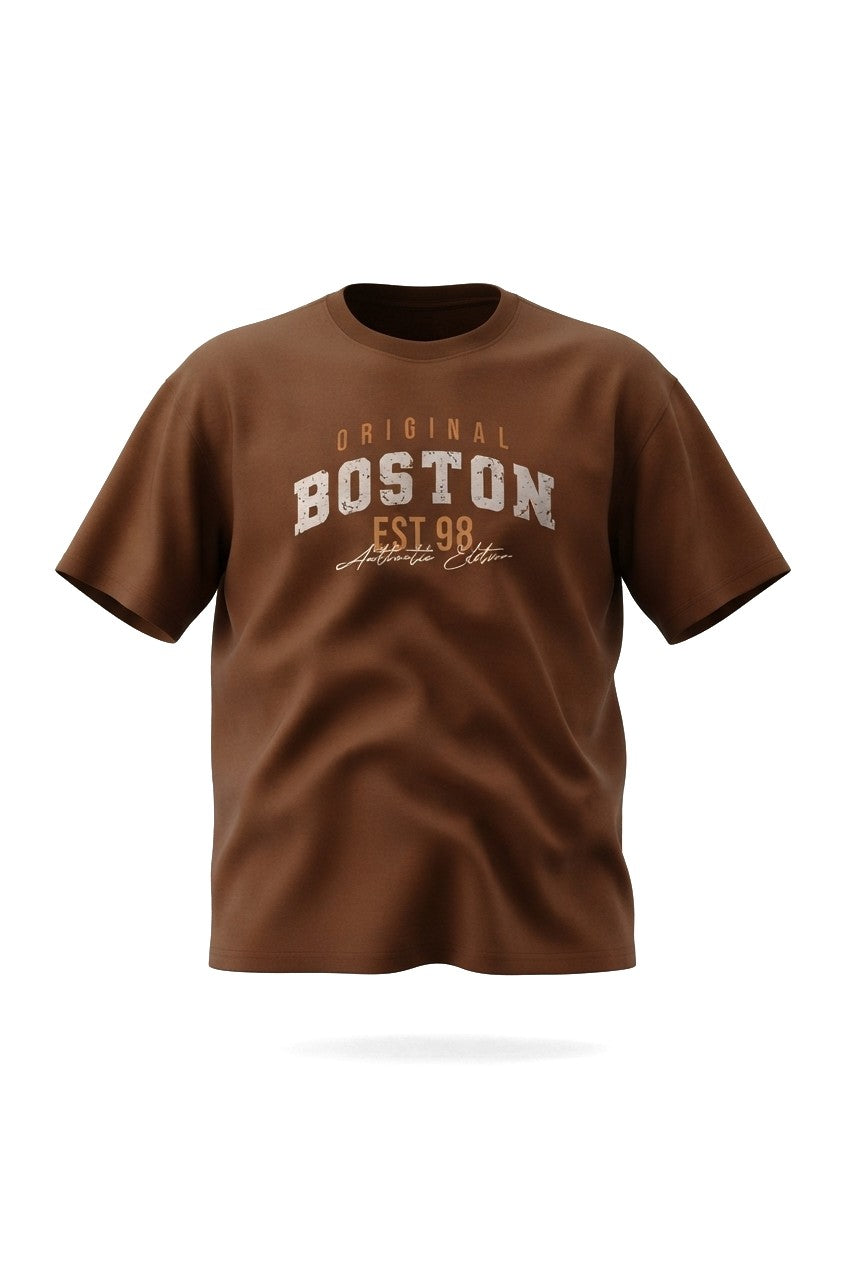 Boston Baskılı - Premium Kumaş Unisex Oversize Tişört Kahverengi