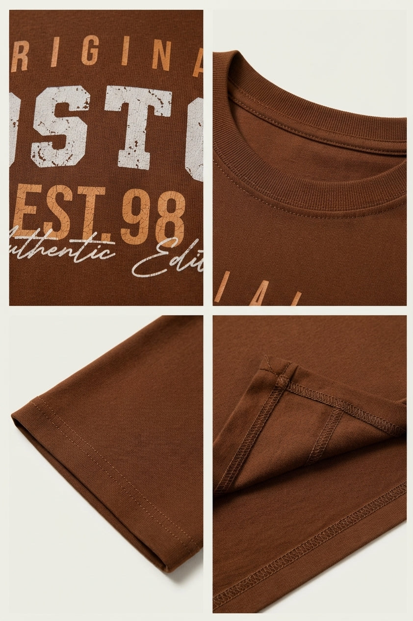 Boston Baskılı - Premium Kumaş Unisex Oversize Tişört Kahverengi