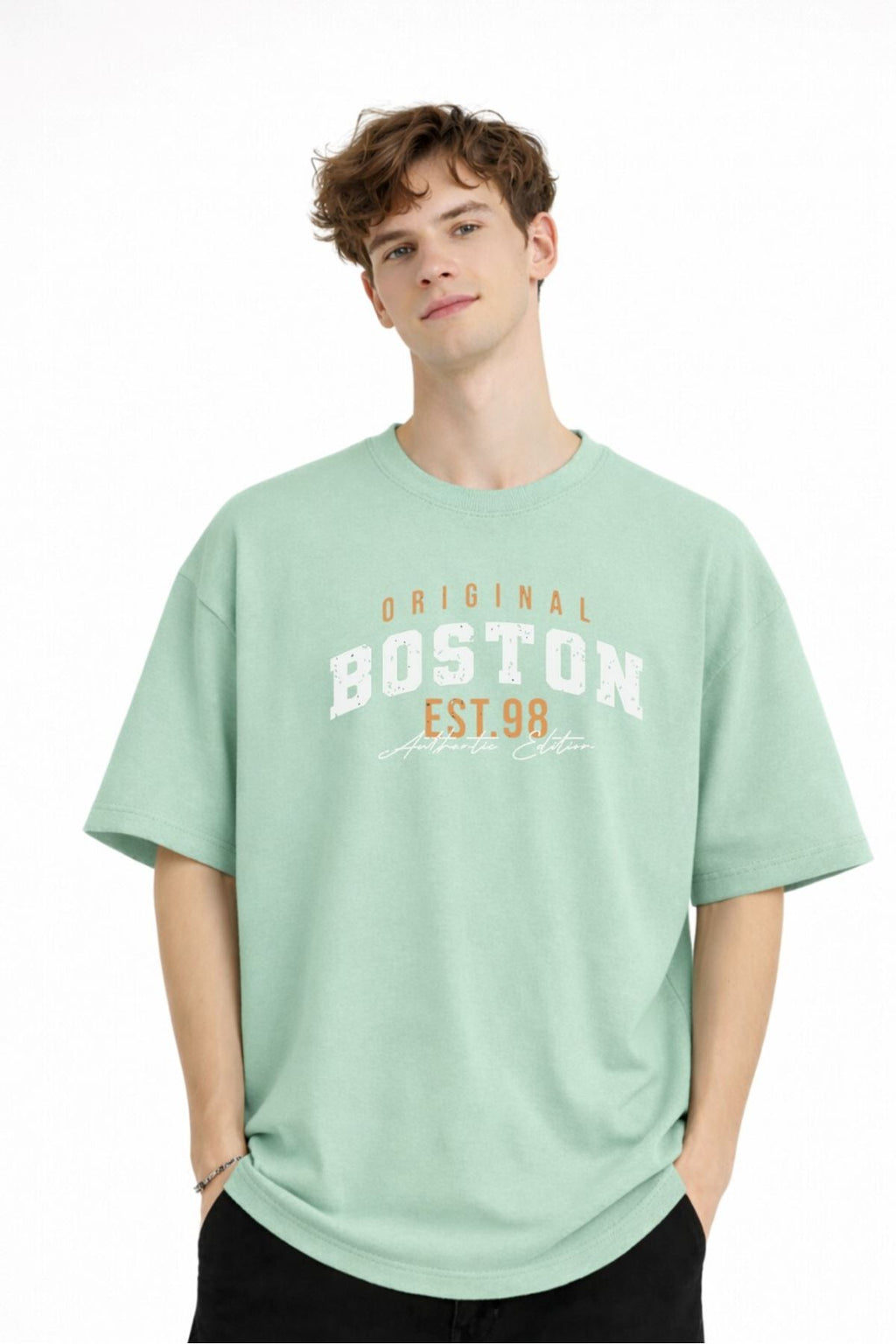 Boston Baskılı - Premium Kumaş Unisex Oversize Tişört Su Yeşili
