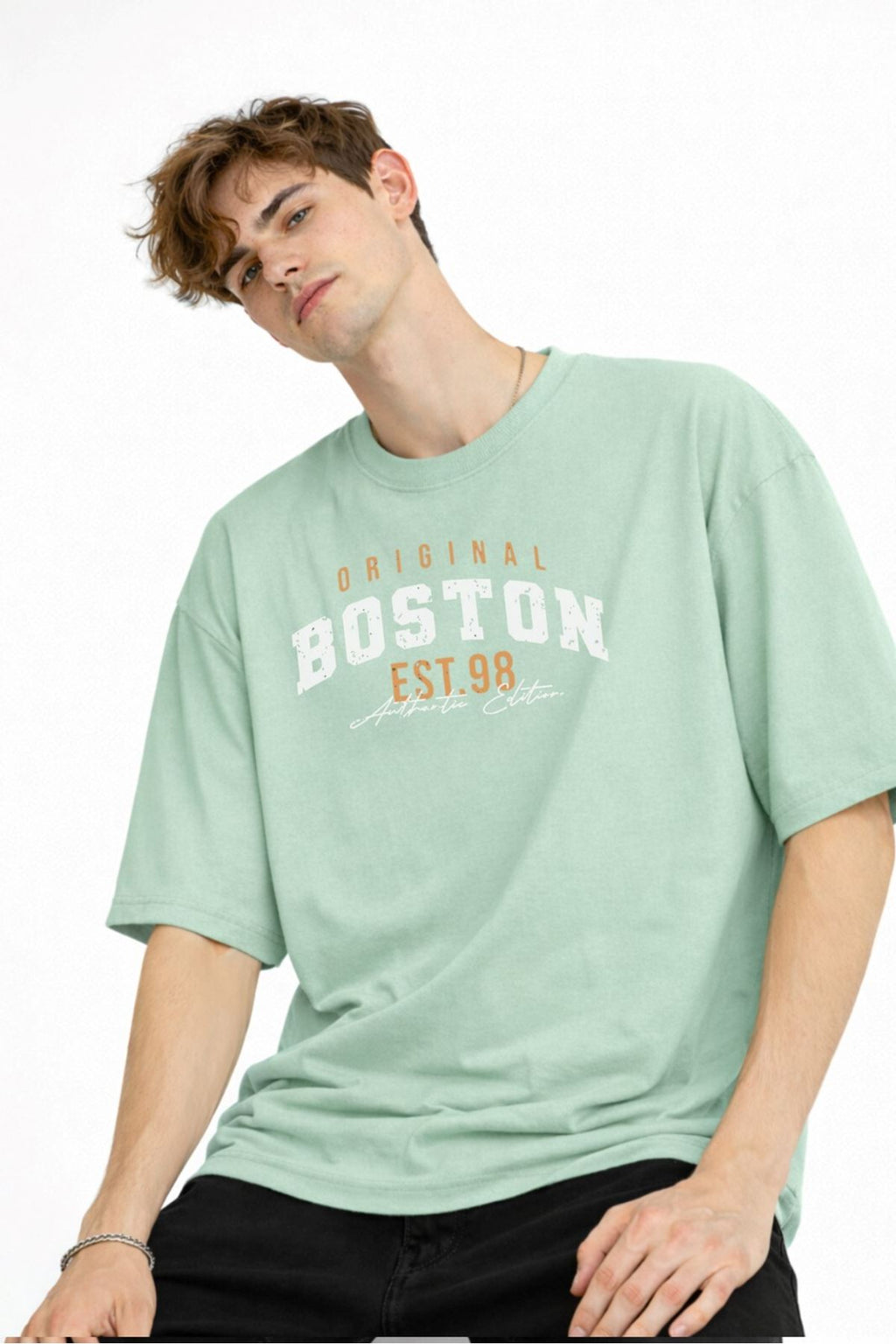 Boston Baskılı - Premium Kumaş Unisex Oversize Tişört Su Yeşili
