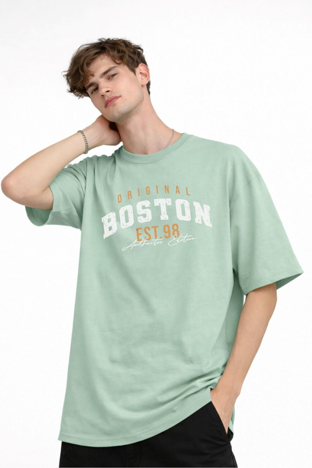 Boston Baskılı - Premium Kumaş Unisex Oversize Tişört Su Yeşili
