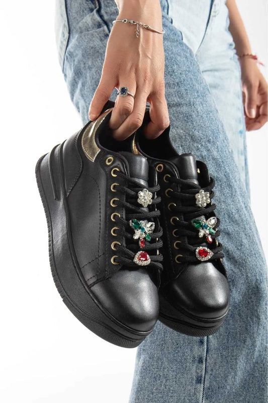 ZERENYUS BRIANNA Lace-Up Orthopedic Stoned Women's Sneakers - Black Gold