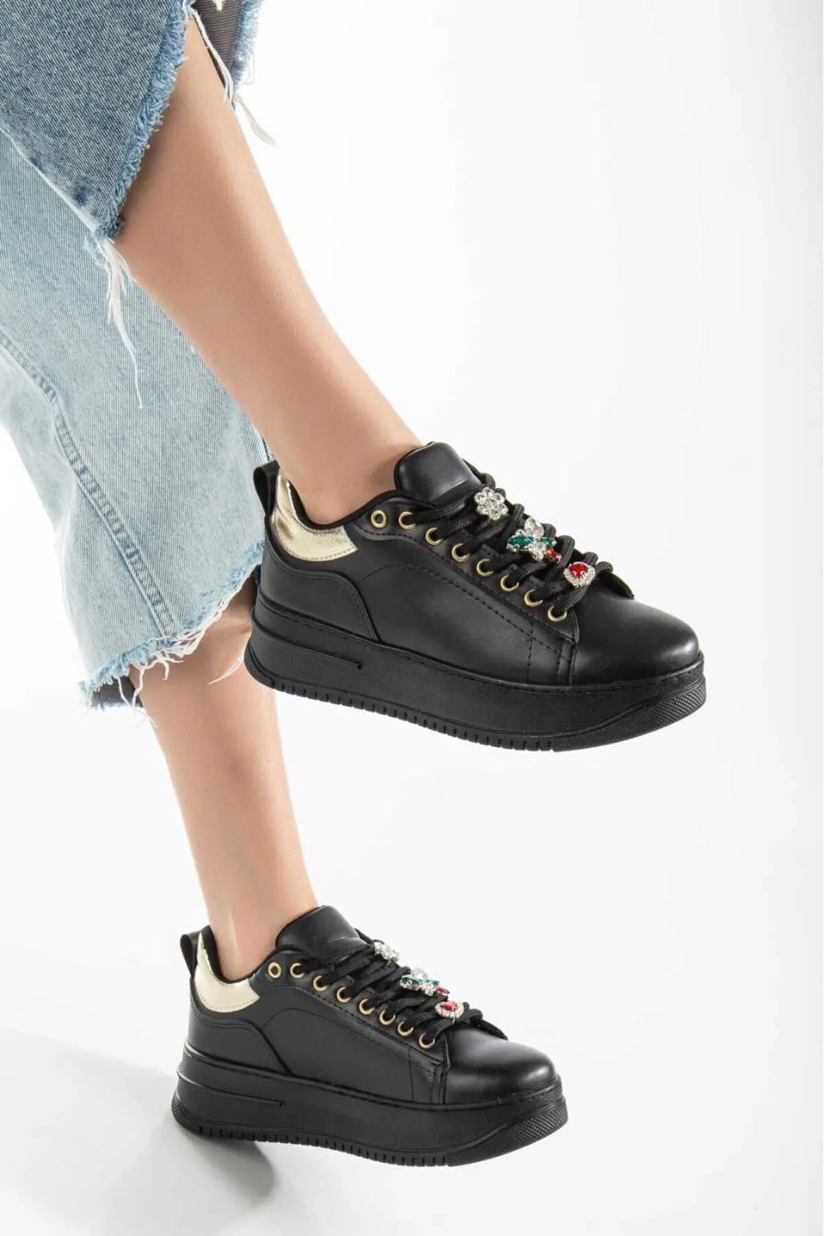 ZERENYUS BRIANNA Lace-Up Orthopedic Stoned Women's Sneakers - Black Gold