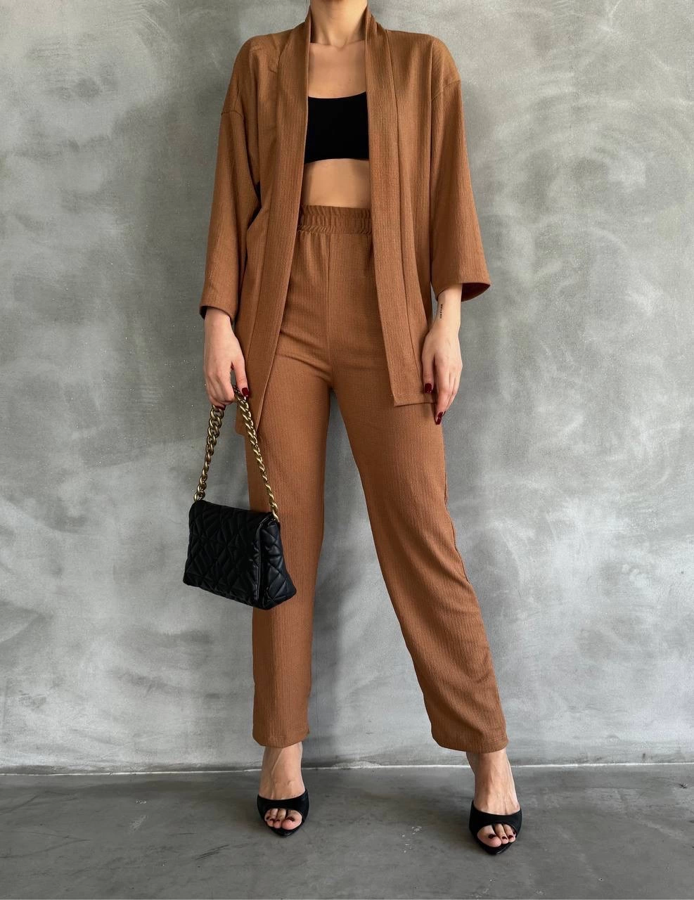 Crepe Fabric Tan Brown Two Piece Suit