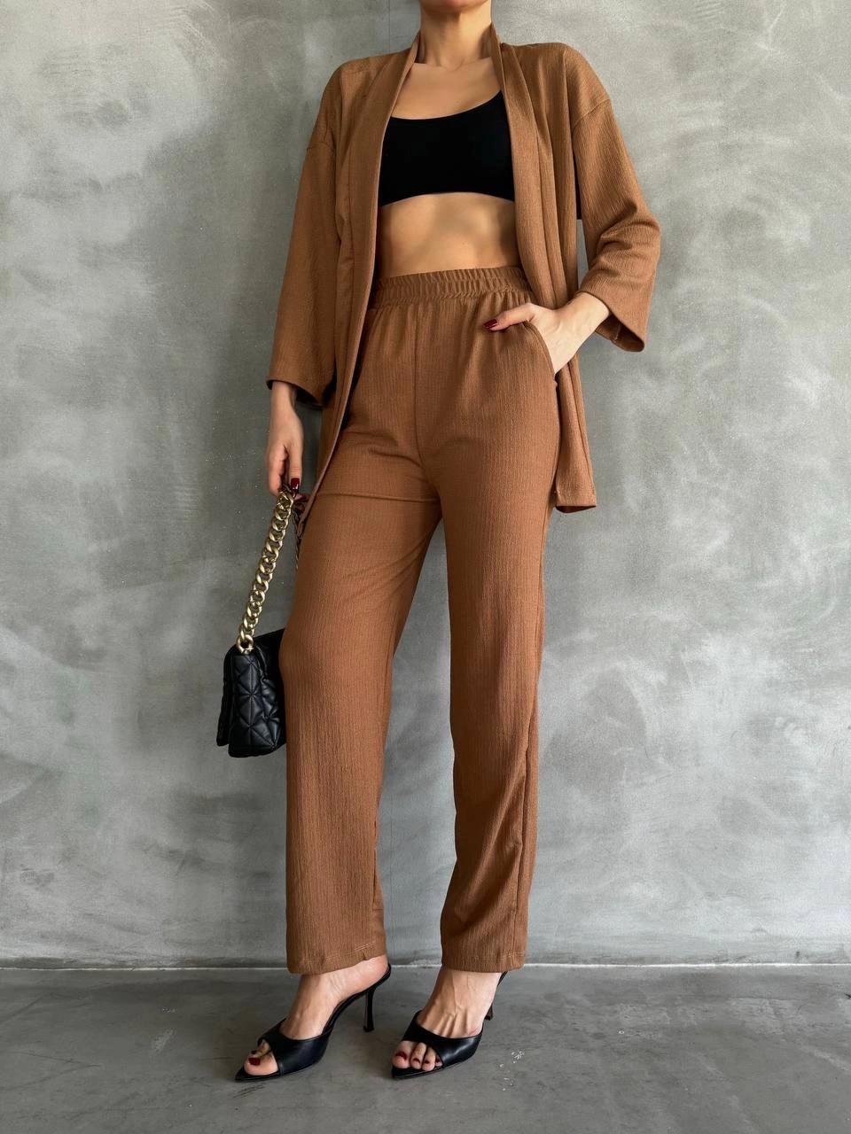 Crepe Fabric Tan Brown Two Piece Suit