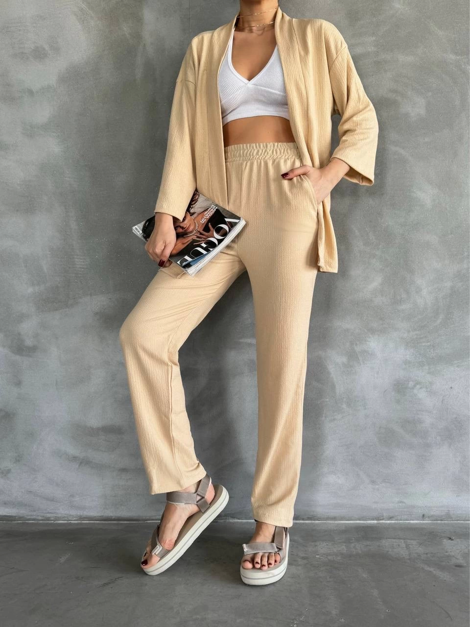 Beige Two Piece Suit with Crepe Fabric