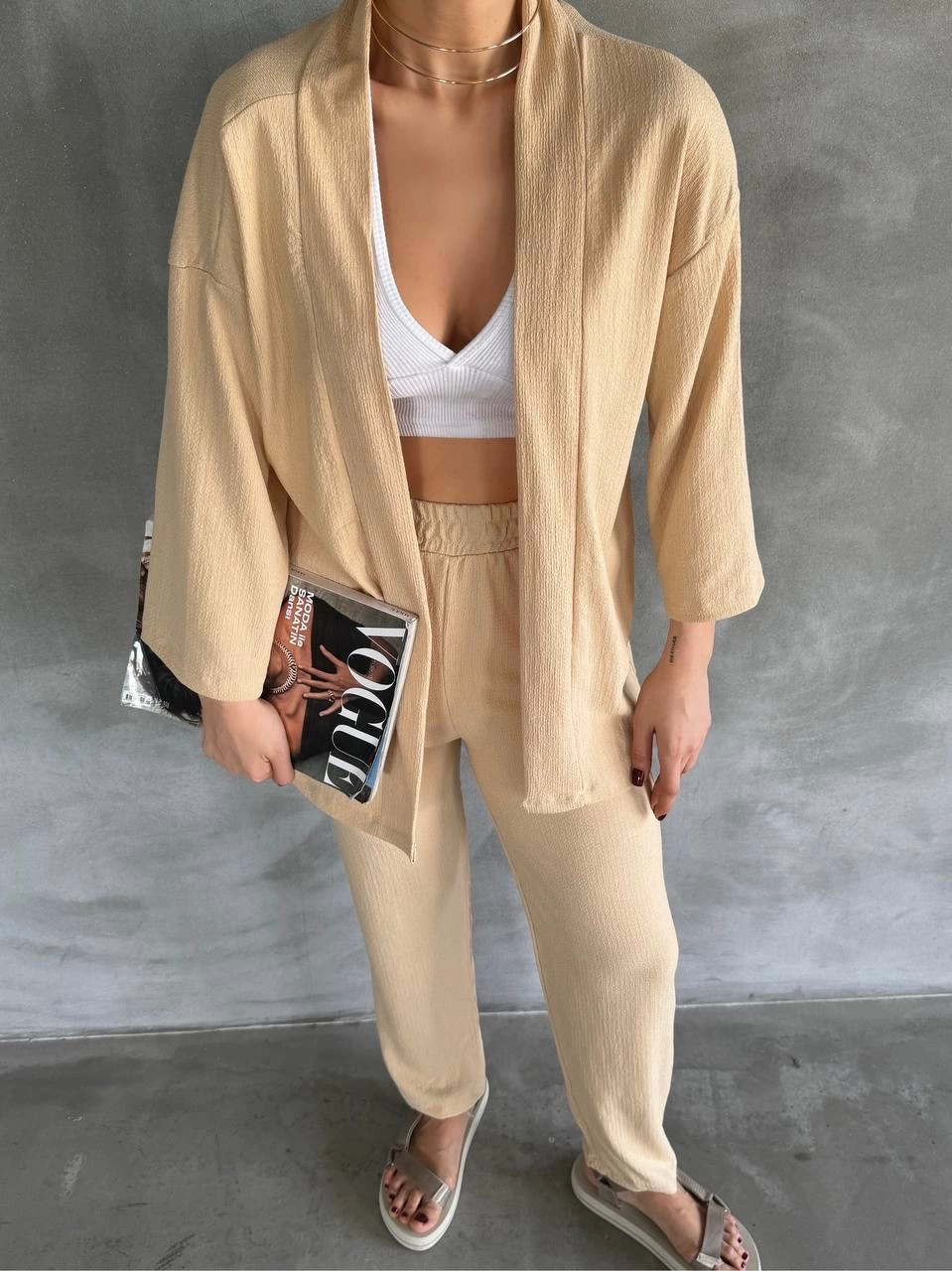 Beige Two Piece Suit with Crepe Fabric