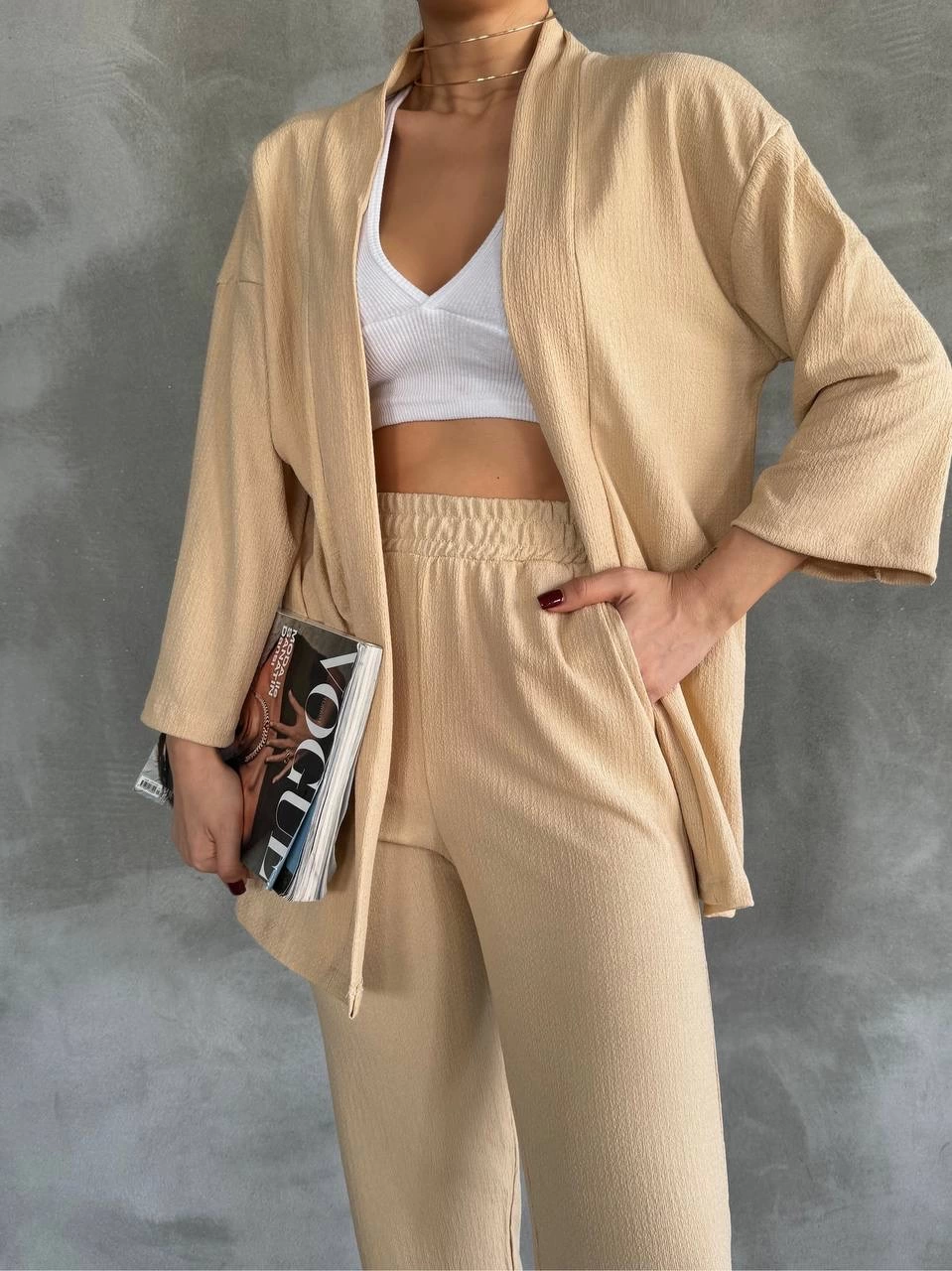 Beige Two Piece Suit with Crepe Fabric