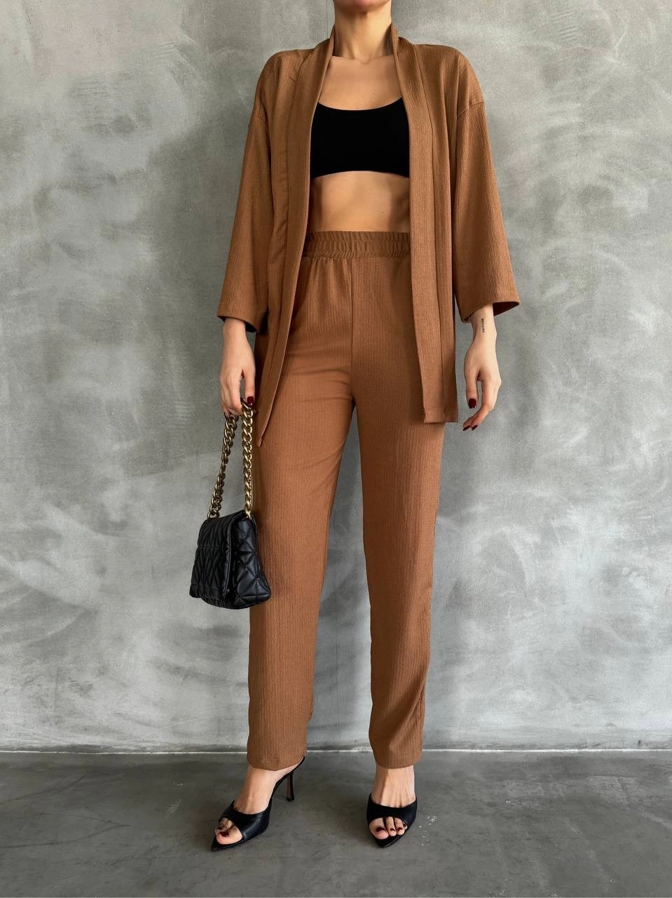 Crepe Fabric Tan Brown Two Piece Suit