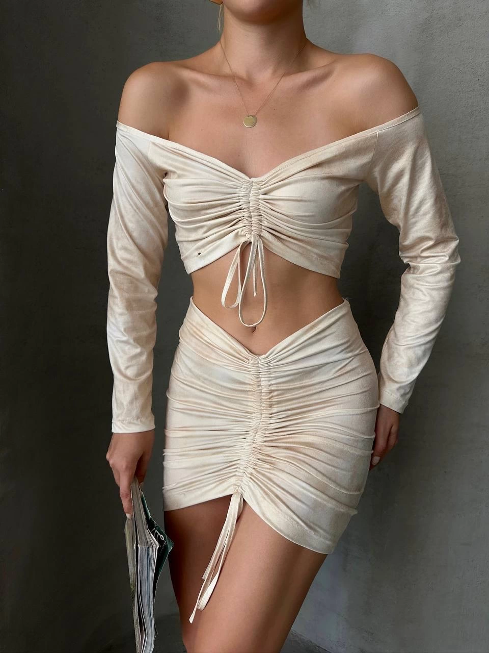 Büzgülü Etek Bluz 2 li Takım Bej