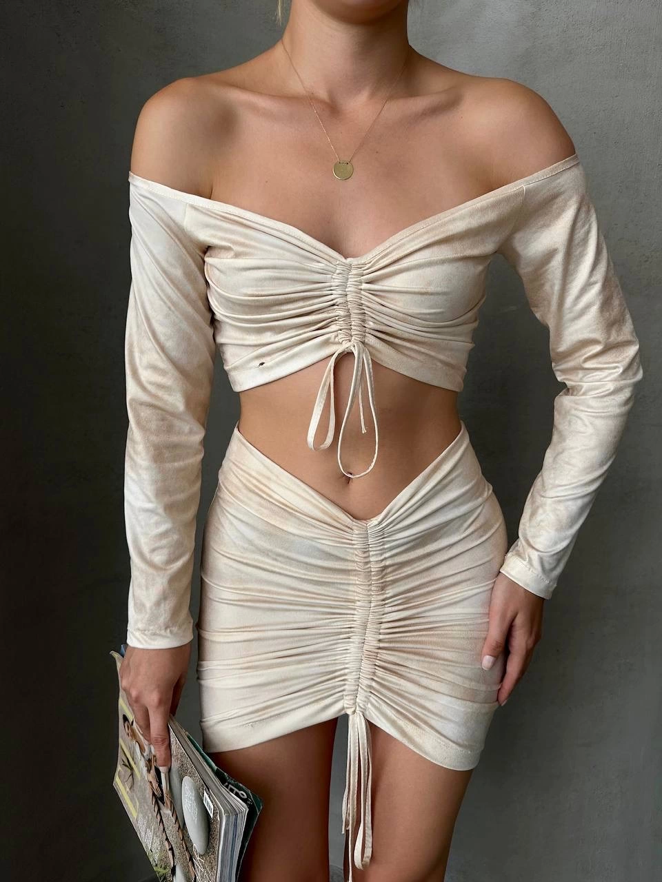 Büzgülü Etek Bluz 2 li Takım Bej