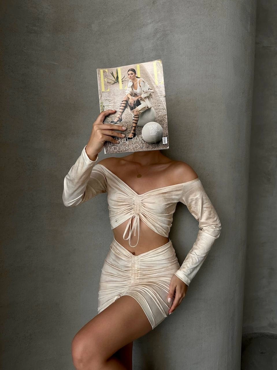 Büzgülü Etek Bluz 2 li Takım Bej