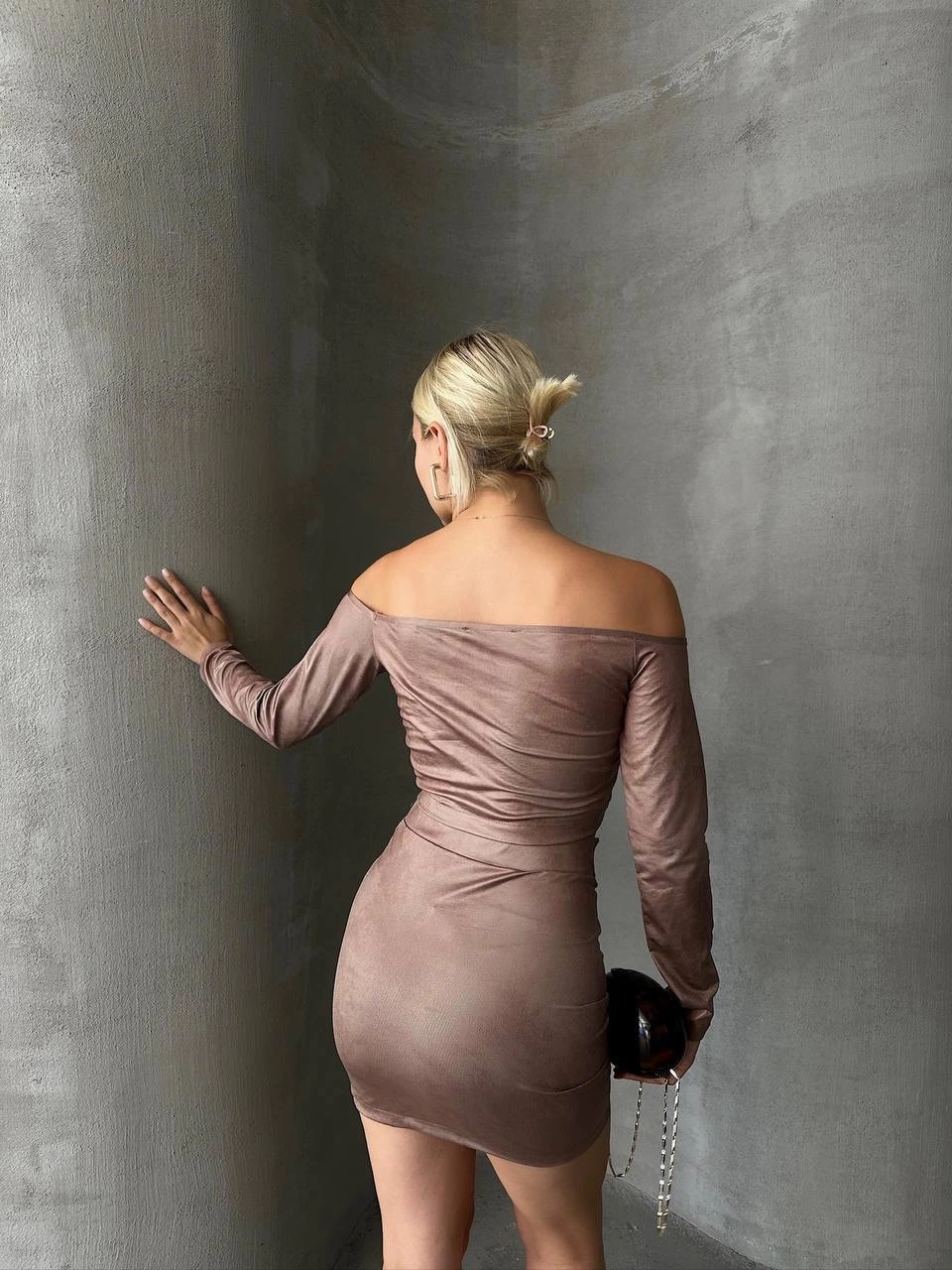 Büzgülü Etek Bluz 2 li Takım Kahve