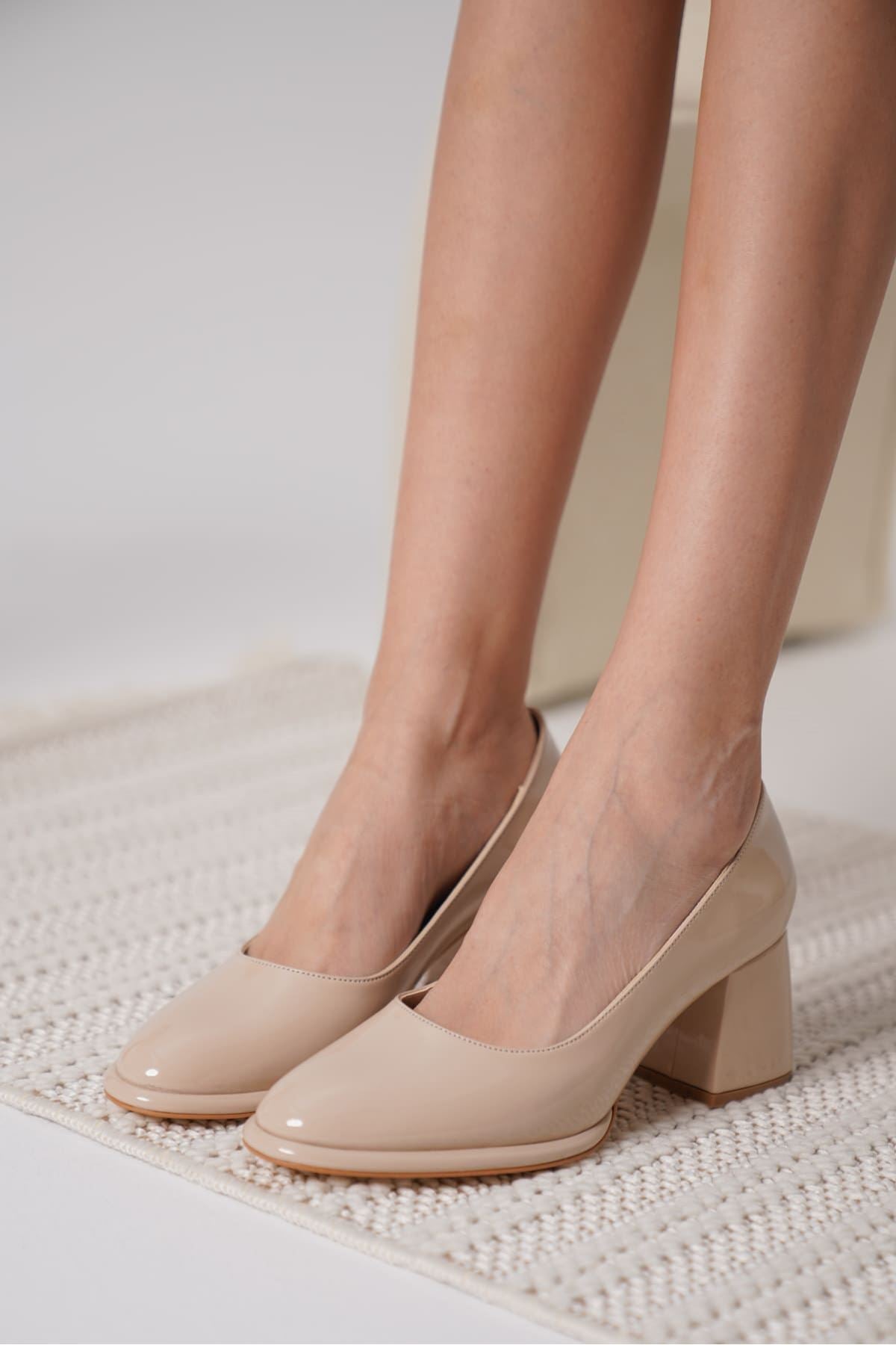 Candie Premium Nude Rugan Kalın Topuklu Stiletto 7 Cm