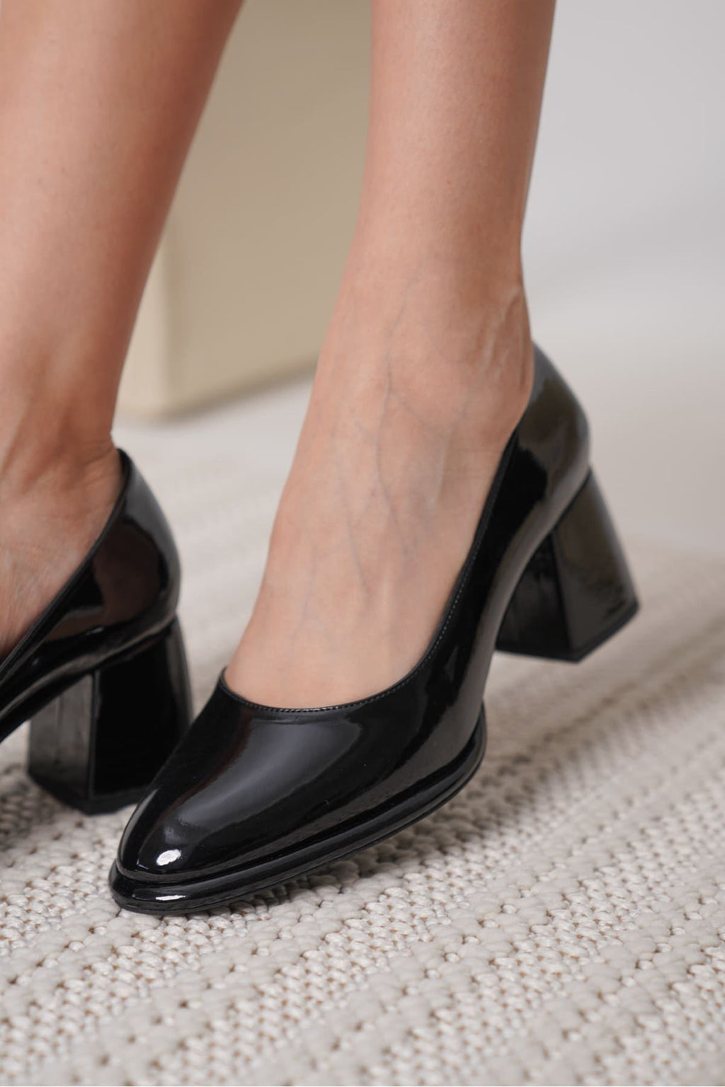 Candie Premium Siyah Rugan Kalın Topuklu Stiletto 7 Cm