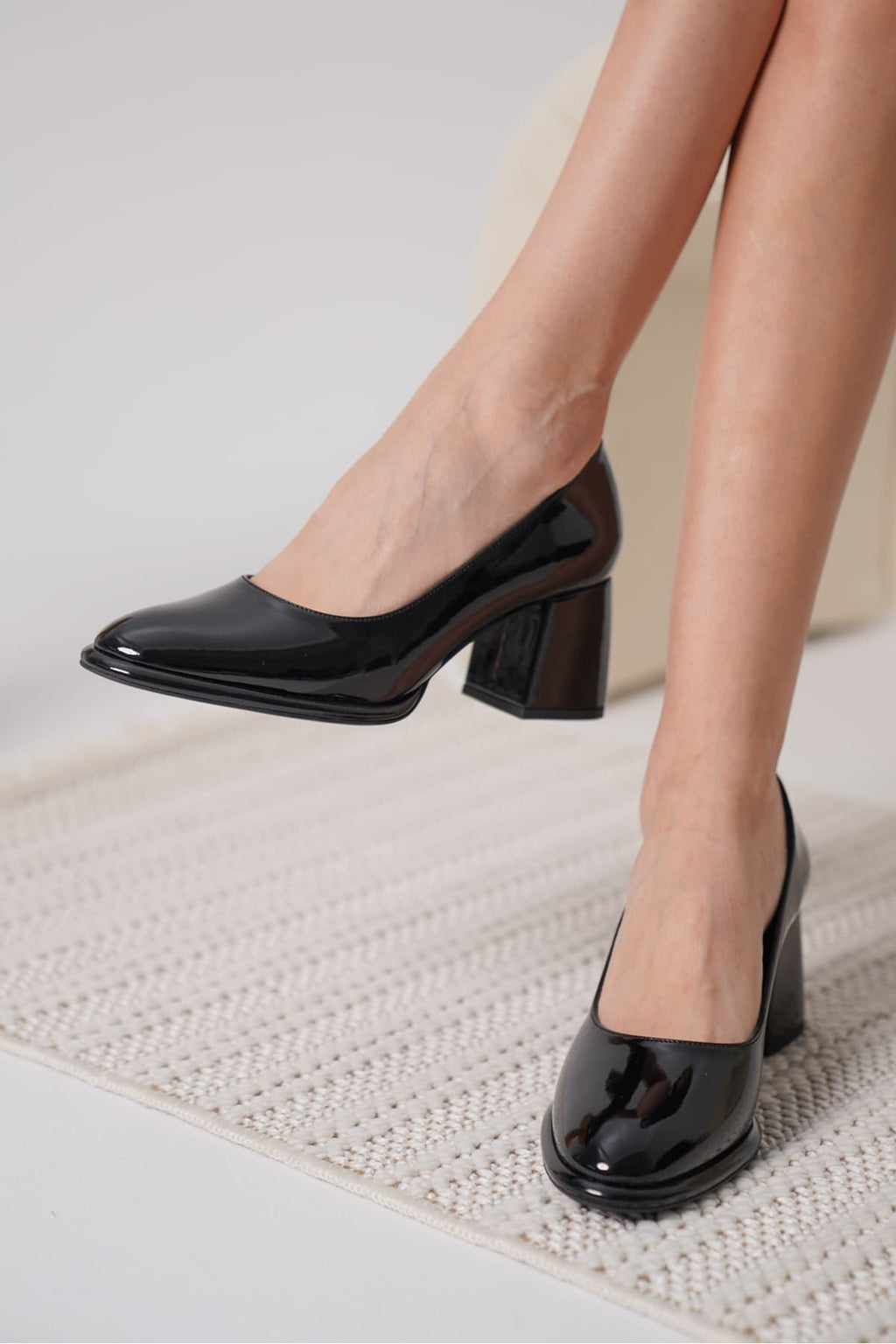Candie Premium Siyah Rugan Kalın Topuklu Stiletto 7 Cm