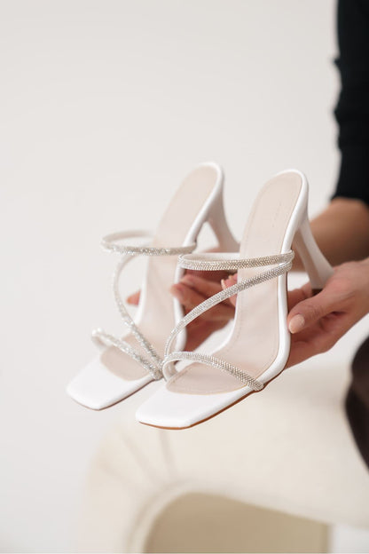 Capella Premium White Women's Stoned Heeled Slippers
