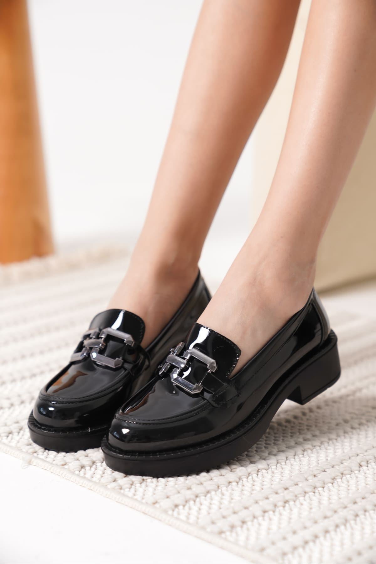 Caro Premium Women's Patent Leather Black Silver Buckle Loafer