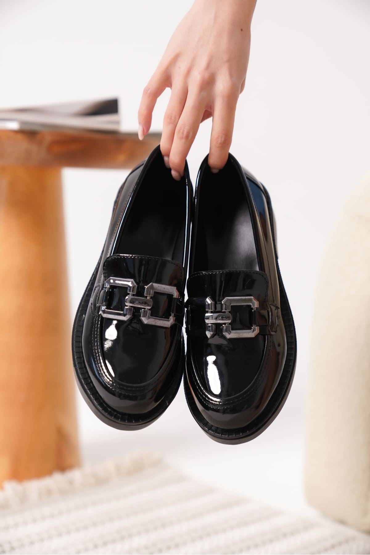 Caro Premium Women's Patent Leather Black Silver Buckle Loafer
