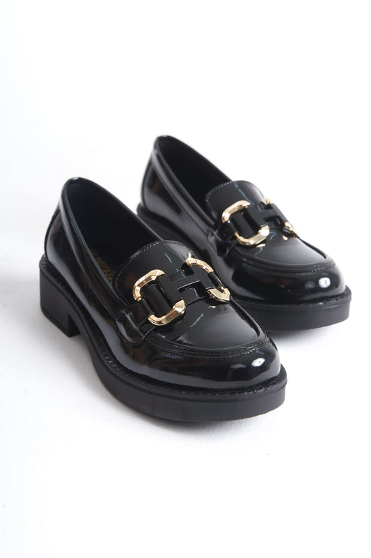 Caro Premium Patent Leather Black Gold Buckle Women's Loafer