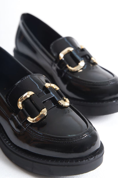 Caro Premium Patent Leather Black Gold Buckle Women's Loafer