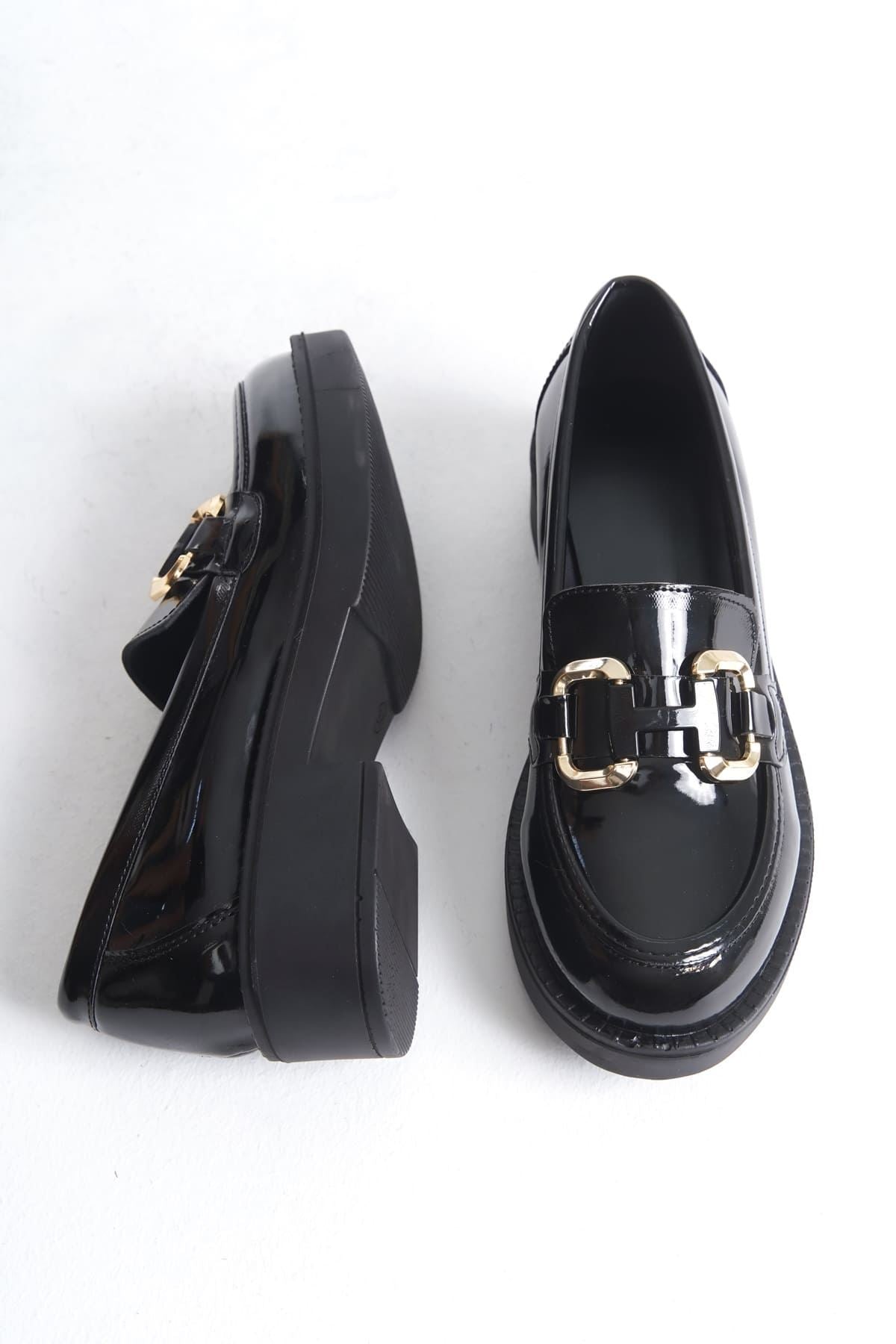 Caro Premium Patent Leather Black Gold Buckle Women's Loafer