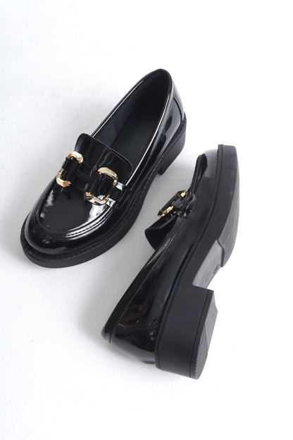 Caro Premium Patent Leather Black Gold Buckle Women's Loafer