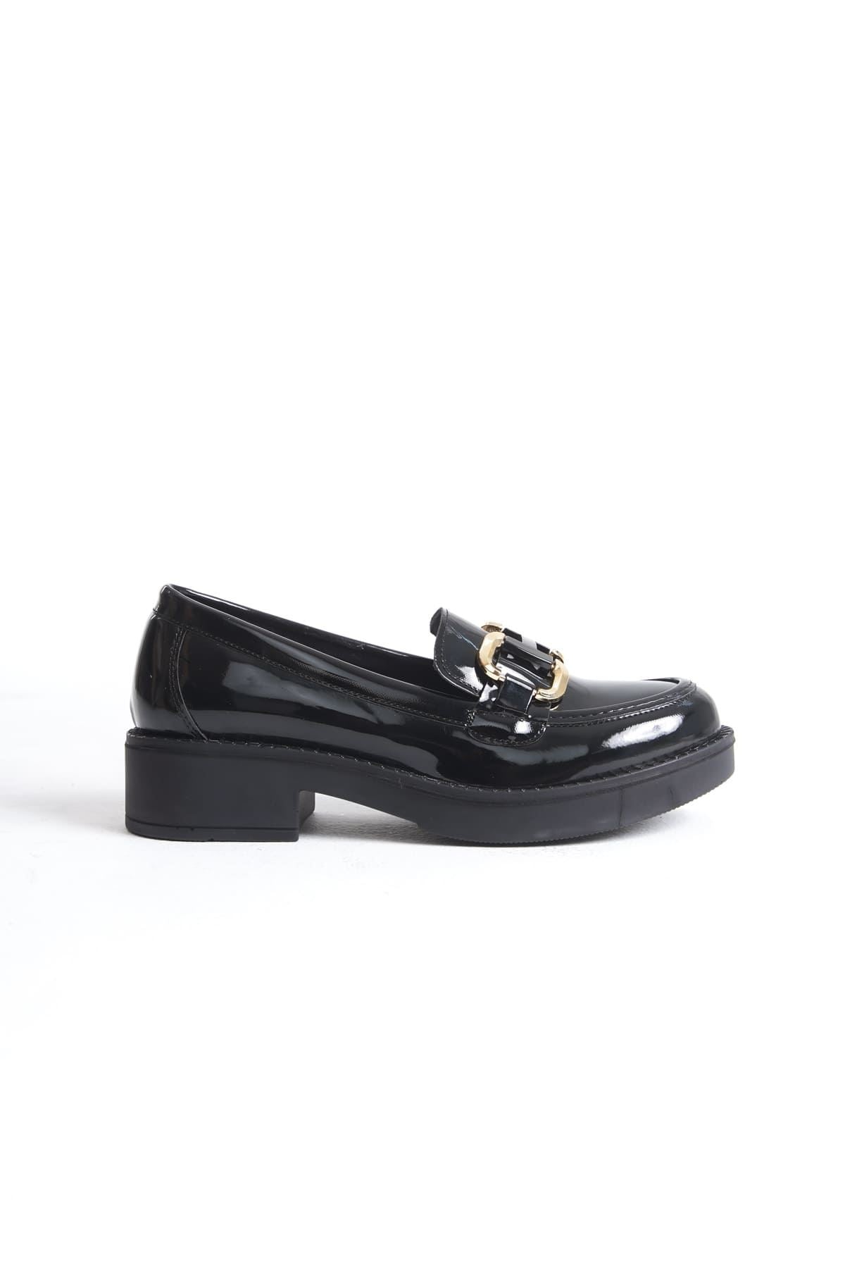 Caro Premium Patent Leather Black Gold Buckle Women's Loafer