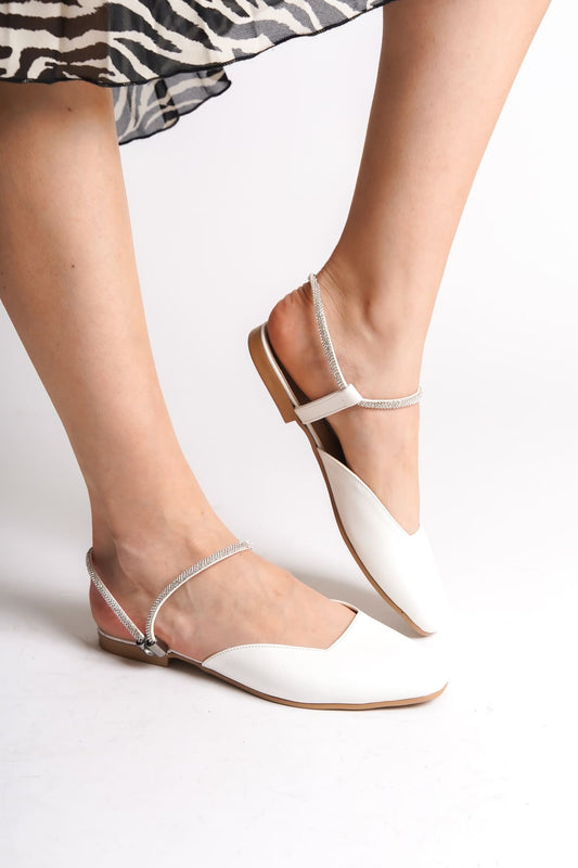 CAROLINE Elastic Orthopedic Comfortable Sole Ankle Stone Detailed Women's White Ballerinas